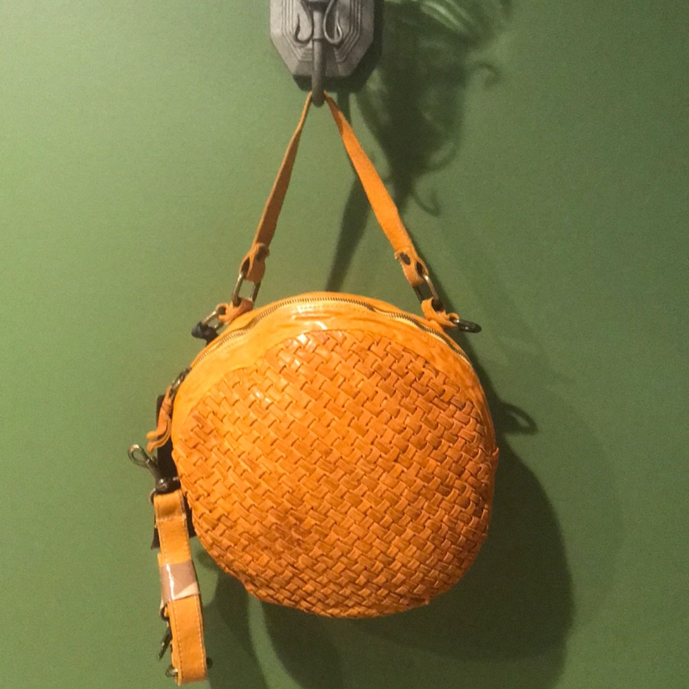 Langellotti Leather 11” Round Crossbody Bag, NWT